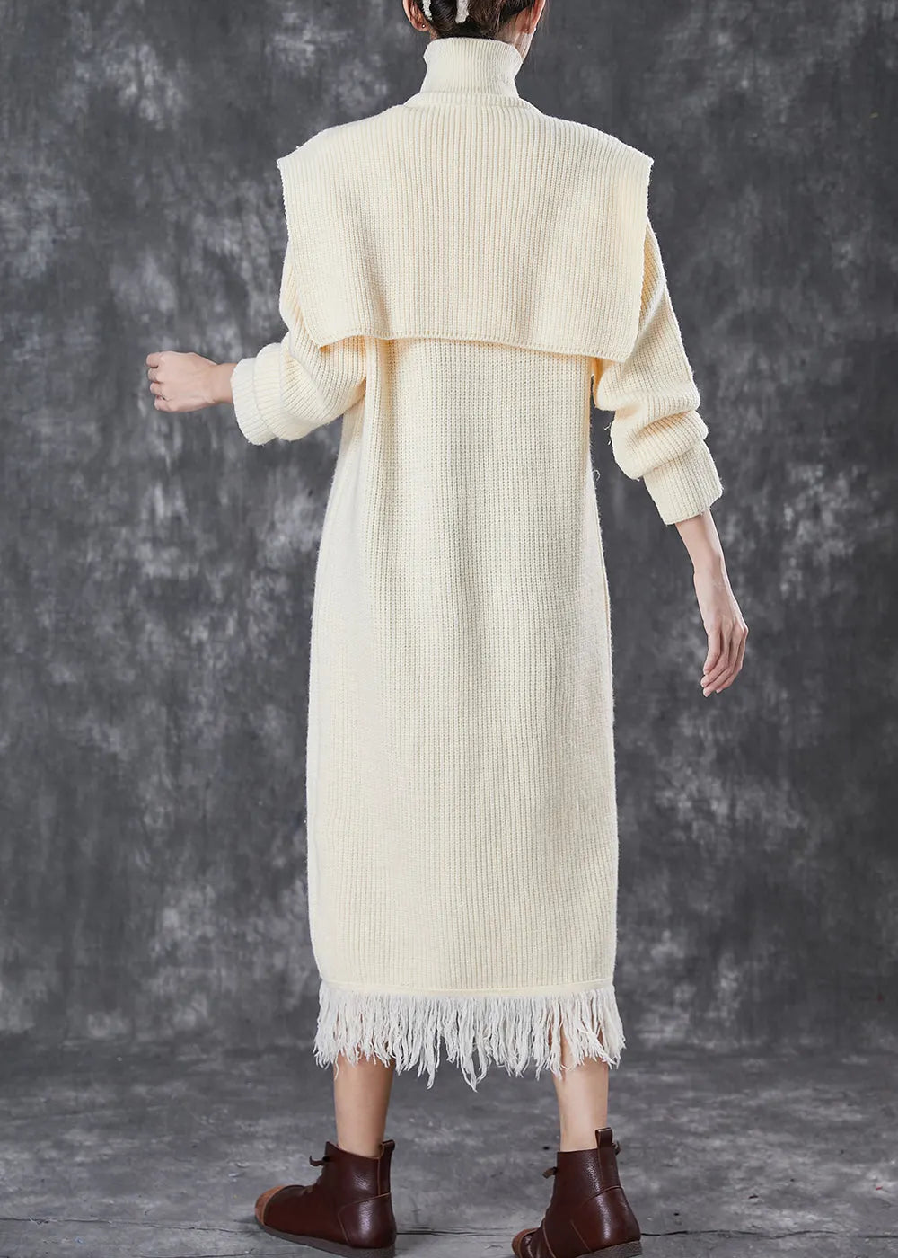 Beige Turtle Neck Knitwear Dress Two Piece Set Spring