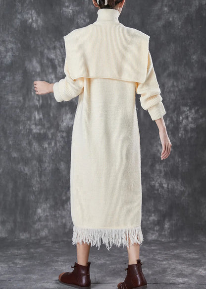Beige Turtle Neck Knitwear Dress Two Piece Set Spring