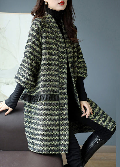 Green V Neck Ruffled Striped Knit Patchwork Thick Coat Long Sleeve