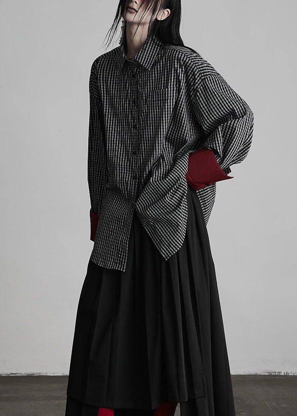 Black Peter Pan Collar Plaid Button Cotton Shirts Fall