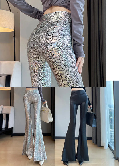 Stylish Silvery Serpentine Tummy Control Flared Trousers Spring