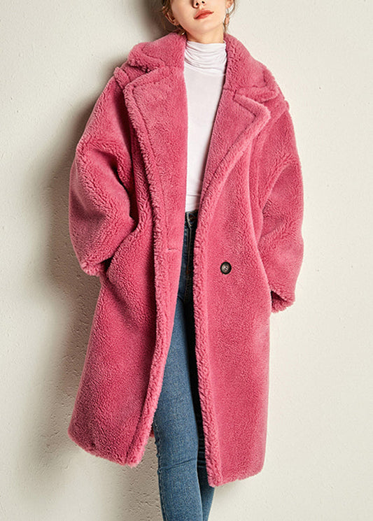 Rose Notched Pockets Cozy Loose Faux Fur Coat Long Sleeve