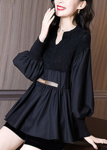 Black V Neck Knit Patchwork Chiffon Shirt Top Long Sleeve