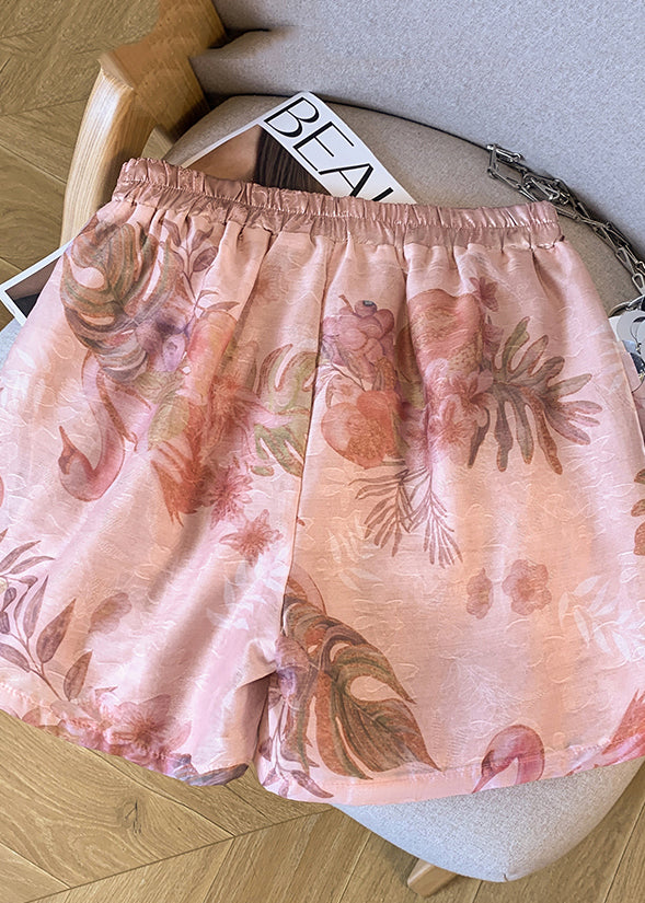 Pink Elastic Waist Print Silk Shorts Summer