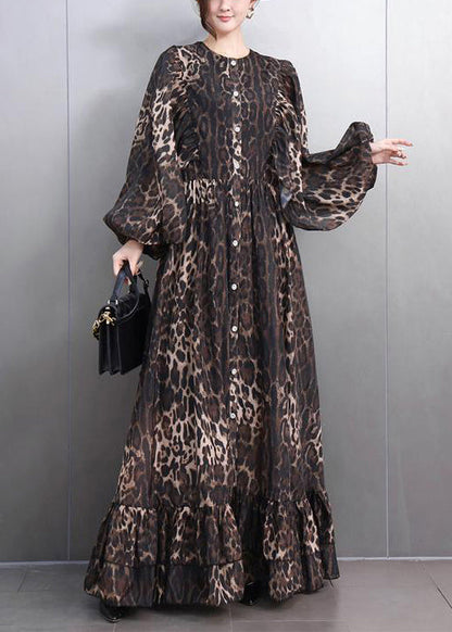 Leopard Button Tie Waist Maxi Dresses Fall
