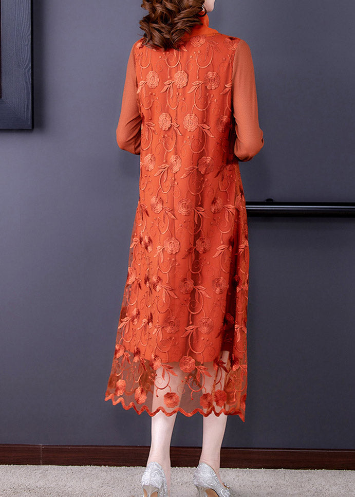 Stylish Orange Embroideried Tulle Long Dress Long Sleeve