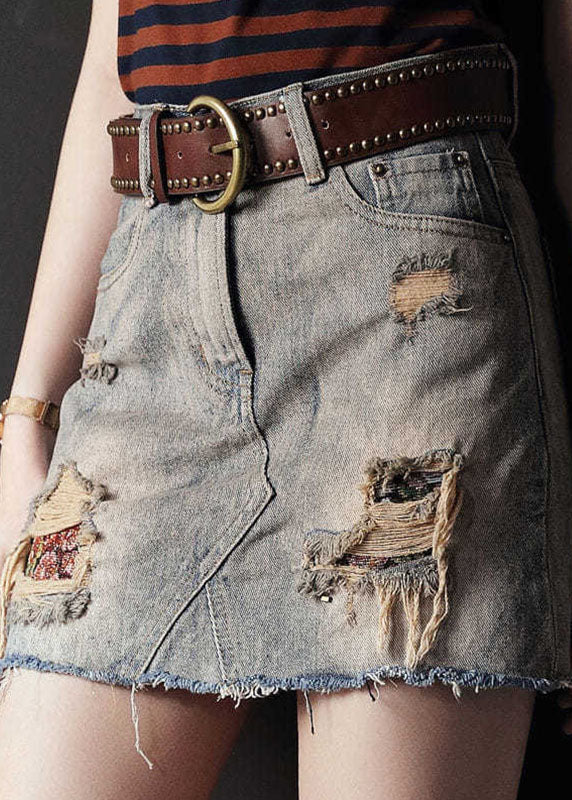 Grey High Waist Tassel Pockets Cotton Denim Ripped Skirts Summer