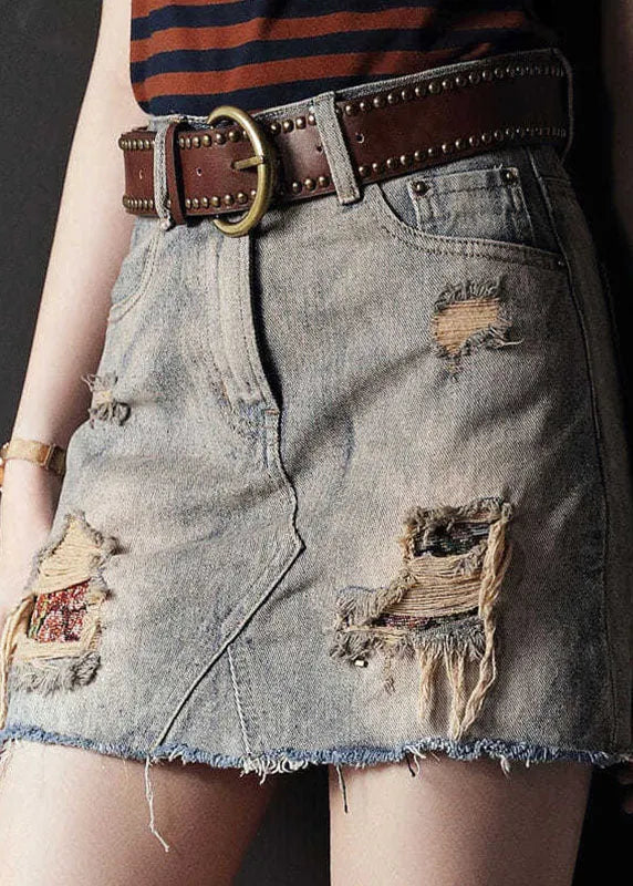 Grey High Waist Tassel Pockets Cotton Denim Ripped Skirts Summer