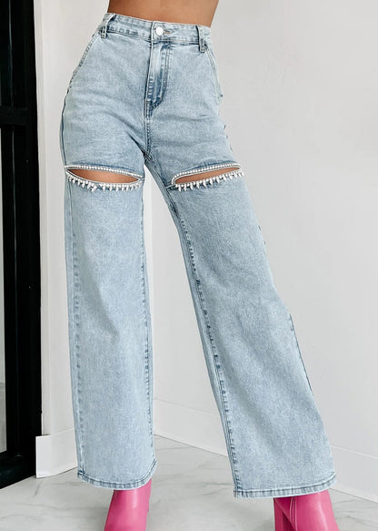 Unique Blue High Waist Pockets Hole Straight Jeans Summer