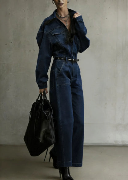 Denim Blue Peter Pan Collar Patchwork Pocket Jumpsuit Spring