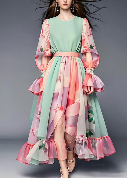 Colorblock Ruffled Print Patchwork Chiffon Dresses Long Sleeve