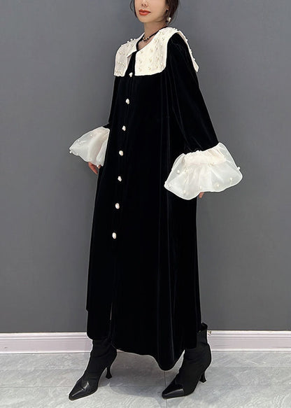 Black Peter Pan Collar Patchwork Nail Bead Silk Velour Dresses Spring