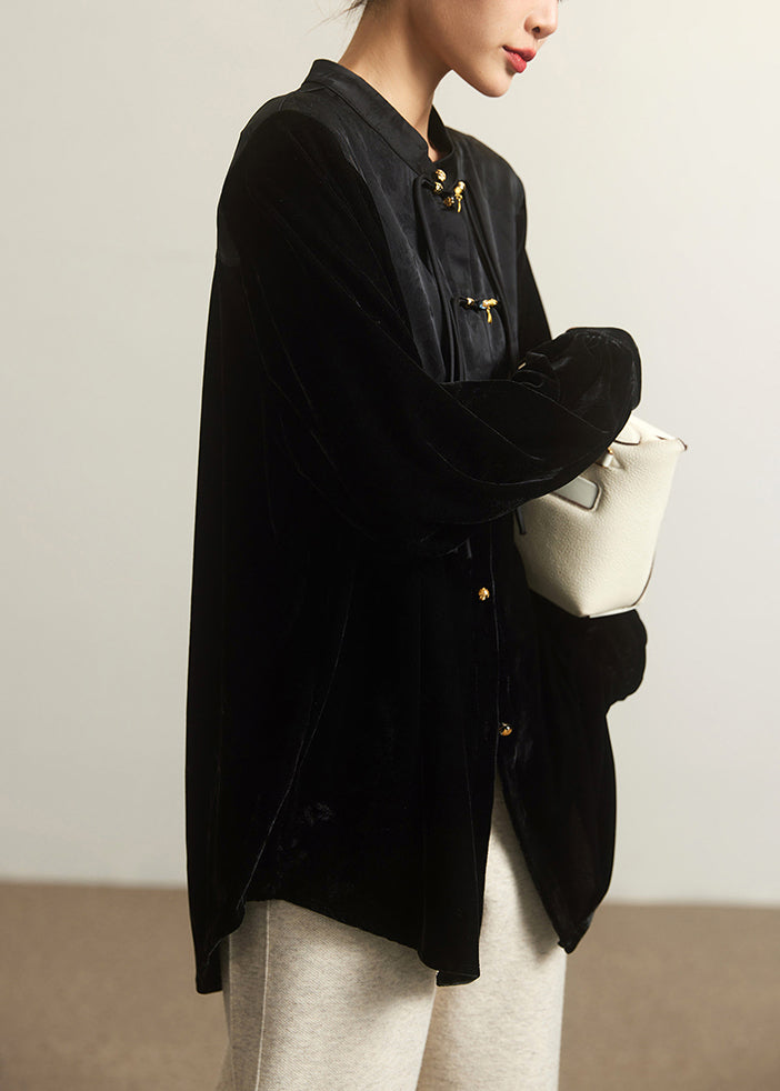 Loose Black Stand Collar Button Patchwork Silk Velour Top Long Sleeve Spring