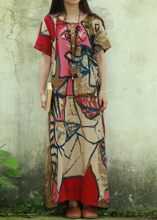 Pink O-neck Print Cotton Long Dress Short Sleeve