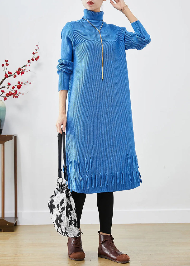 Blue Turtle Neck Tasseled Knitted Dress Fall