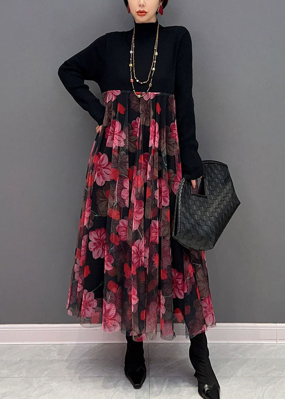 Red Print Stand Collar Patchwork Tulle Knit Long Dress Spring