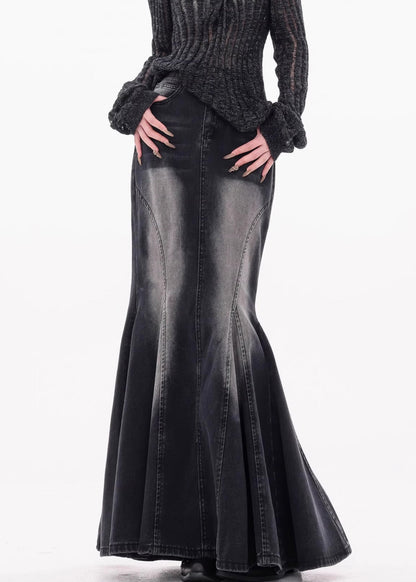 Black Pockets High Waist Denim Maxi Skirts Fall