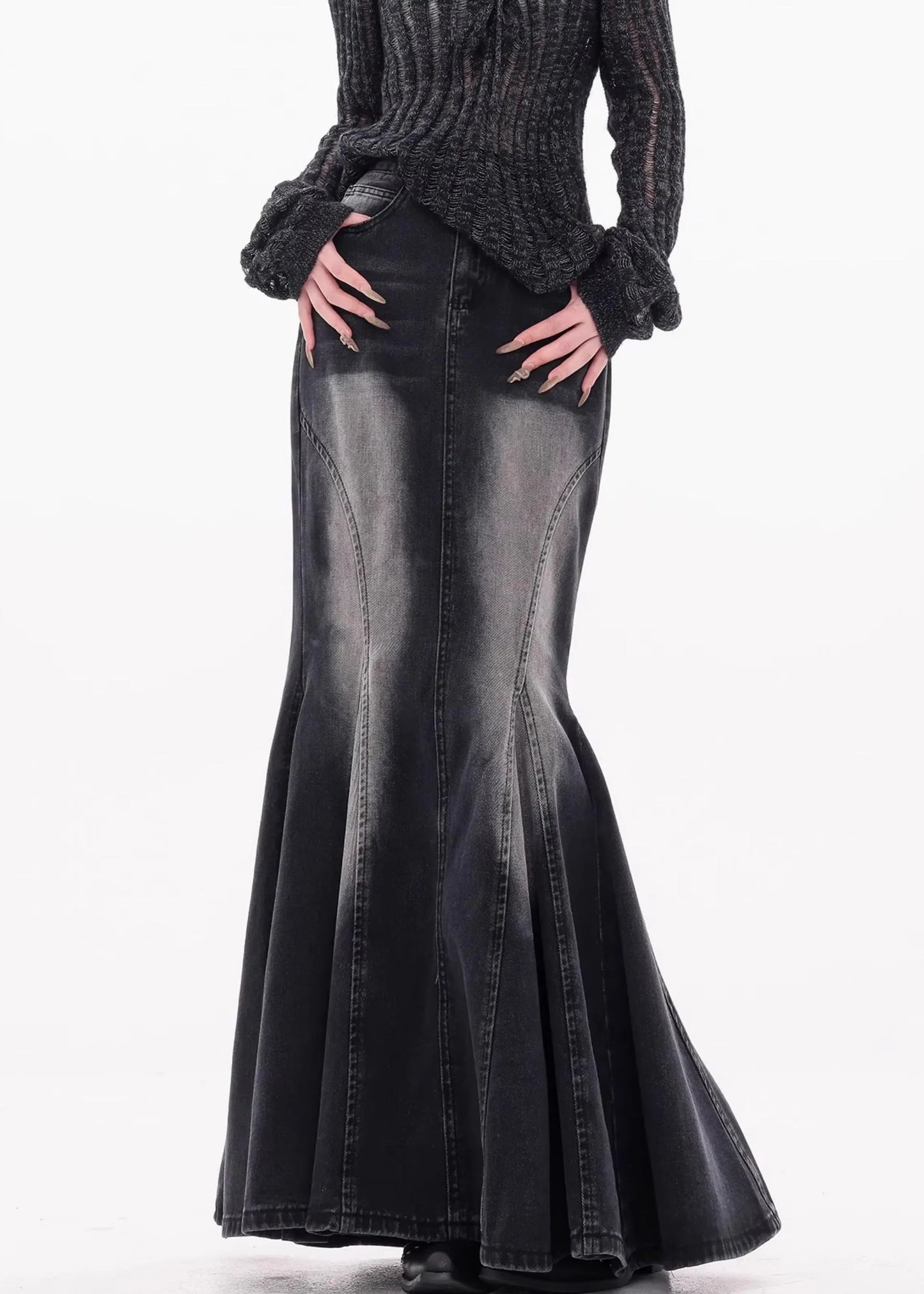 Black Pockets High Waist Denim Maxi Skirts Fall