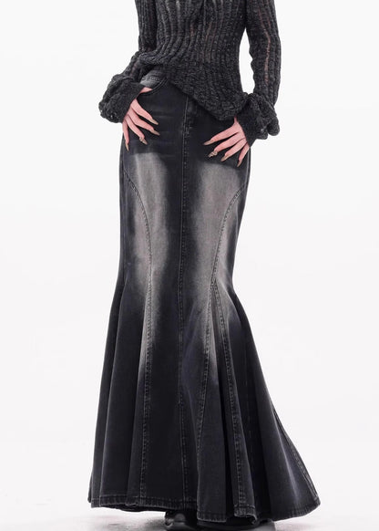 Black Pockets High Waist Denim Maxi Skirts Fall
