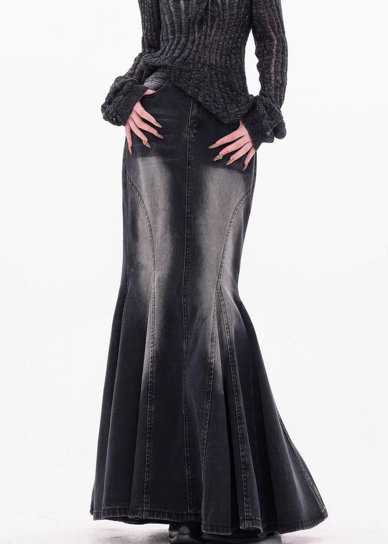Black Pockets High Waist Denim Maxi Skirts Fall