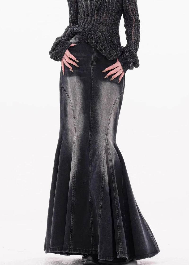 Black Pockets High Waist Denim Maxi Skirts Fall