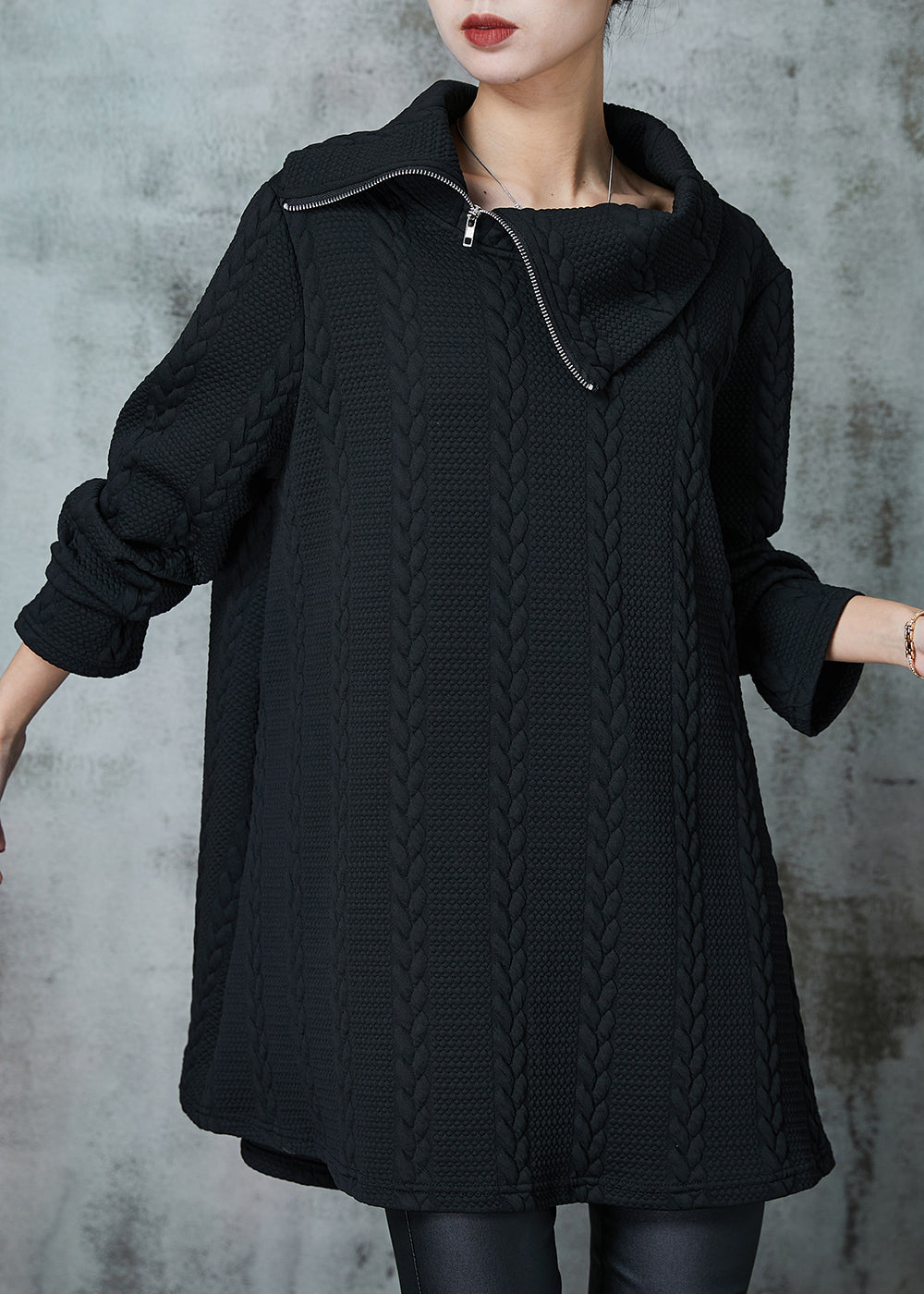 Black Asymmetrical Zippered Knit Sweatshirt Spring