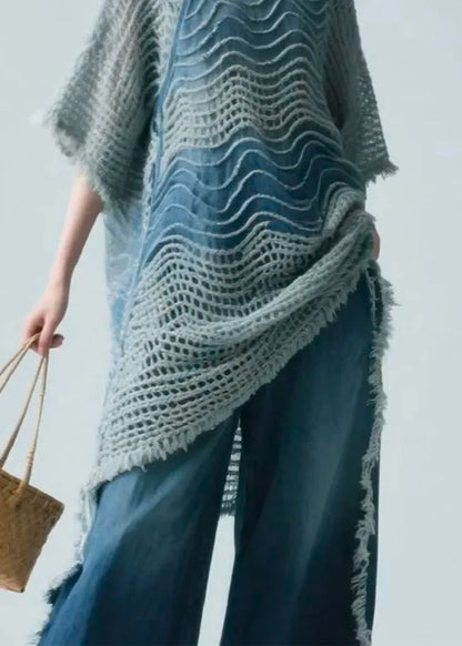 Art Blue Stand Collar Hollow Out Knit Shirt Half Sleeve