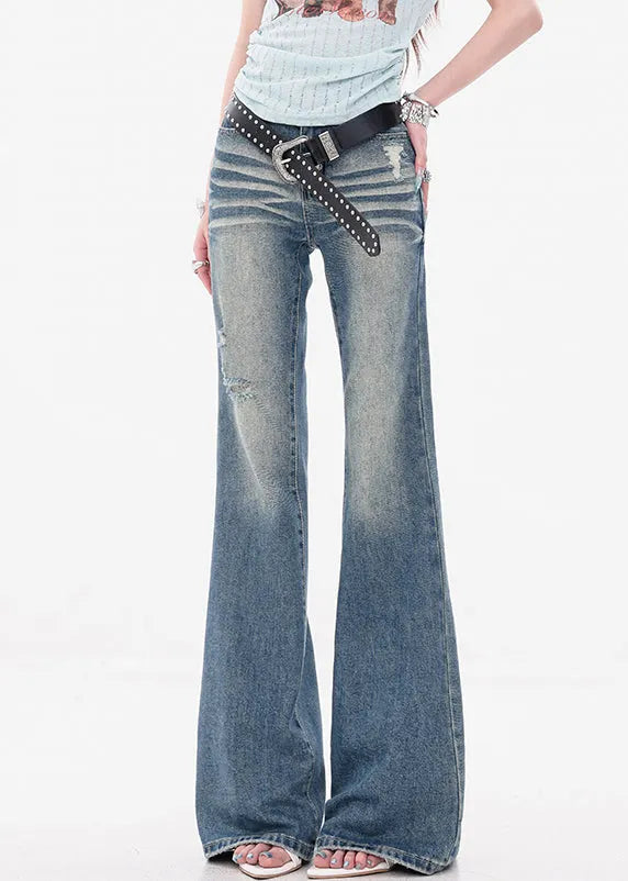 Slim Fit Blue Hole High Waist Denim Flare Bottoms Fall
