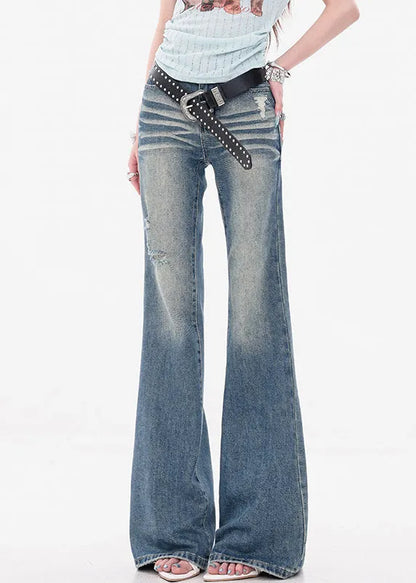 Slim Fit Blue Hole High Waist Denim Flare Bottoms Fall