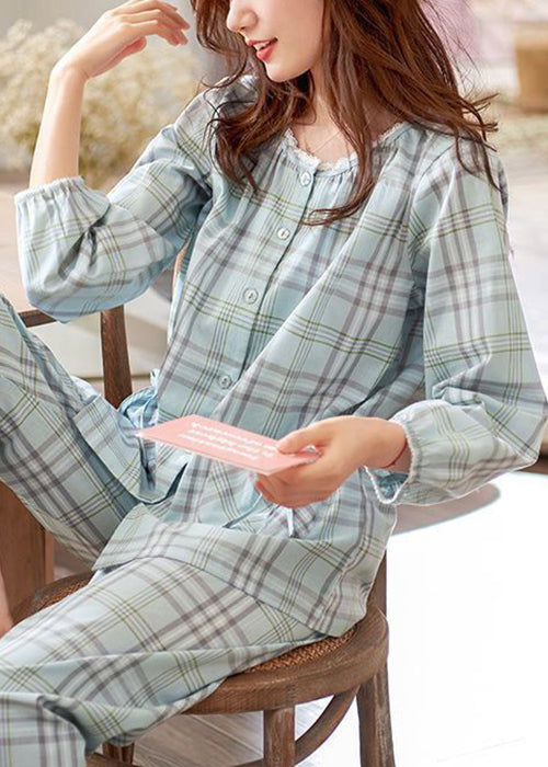 Peter Pan Collar Plaid Bow Cotton Pajamas Two Pieces Set Fall