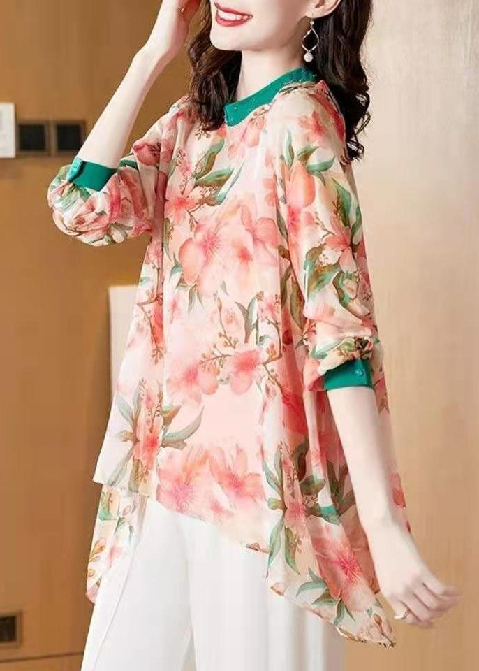 Pink Asymmetrical Patchwork Print Chiffon Top Spring