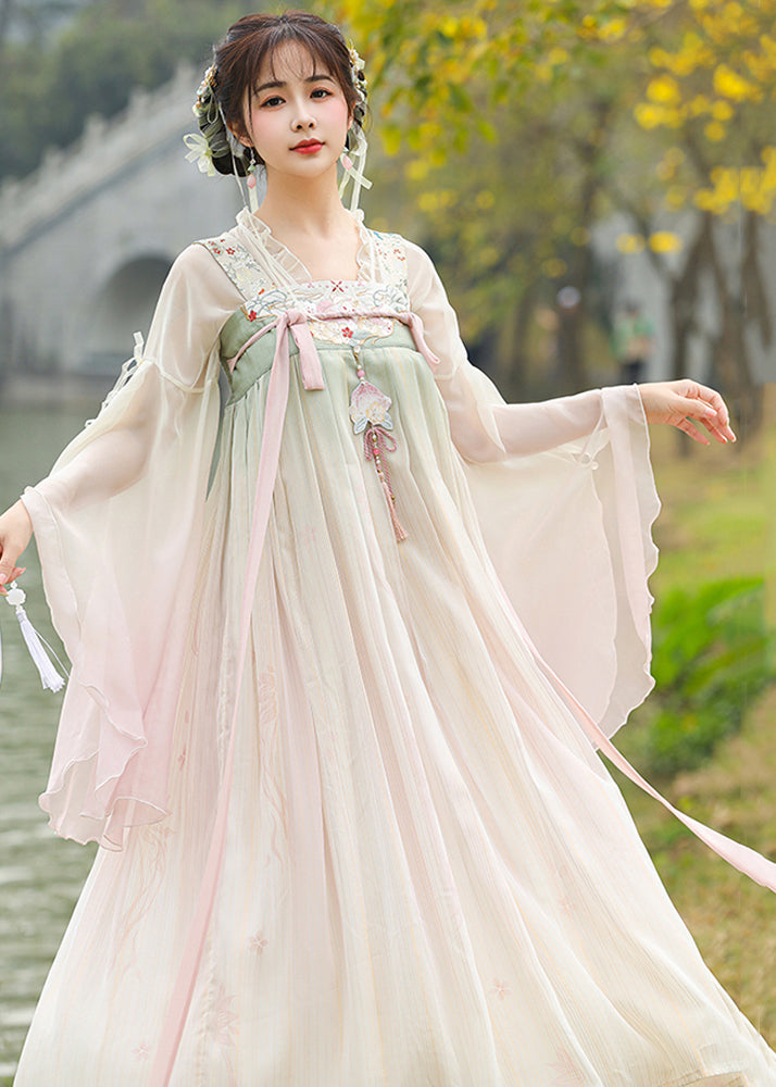 Gradient Color Ruffled Embroideried Lace Up Chiffon Two Pieces Set Fall