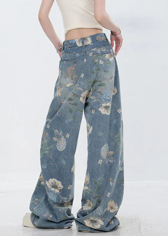 Original Design Blue Print Pockets Denim Pants Fall