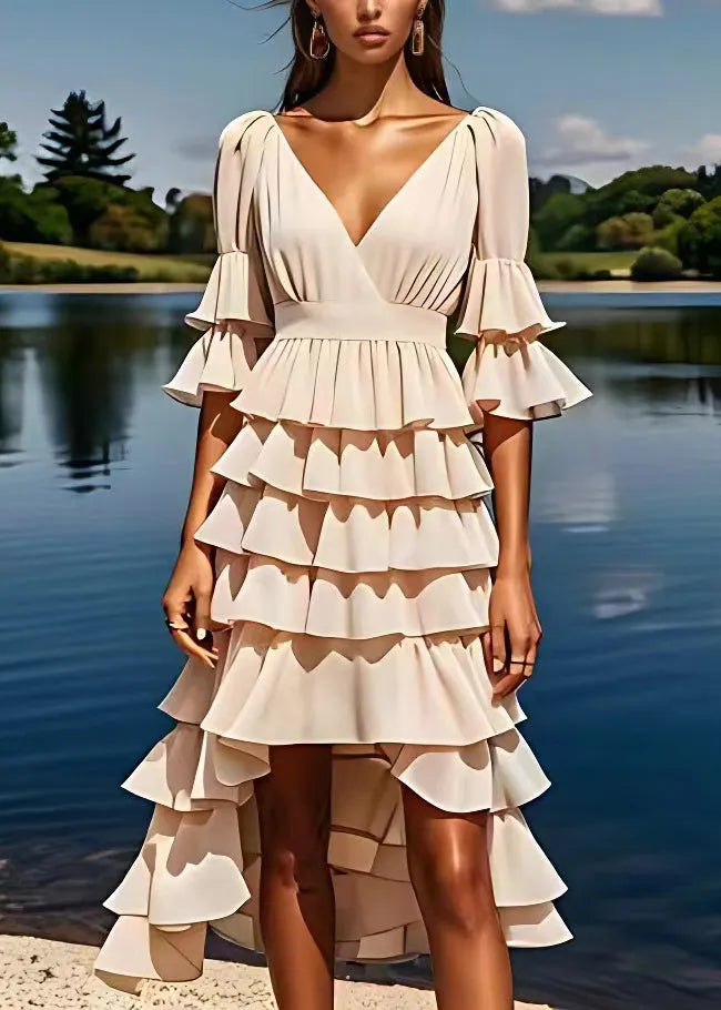 Apricot V Neck Ruffled Low High Design Chiffon Dresses Flare Sleeve