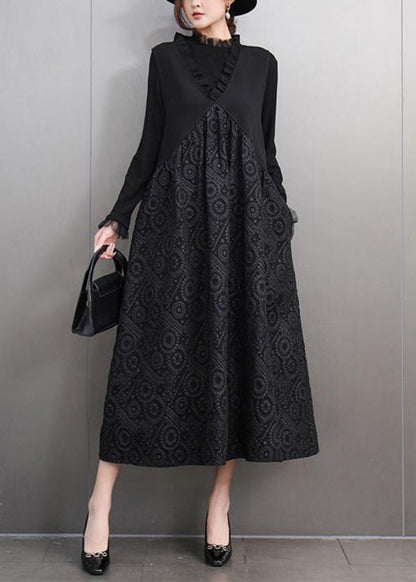 Stylish Black V Neck Print T Shirts and Long Dress Two Pieces Set Spring