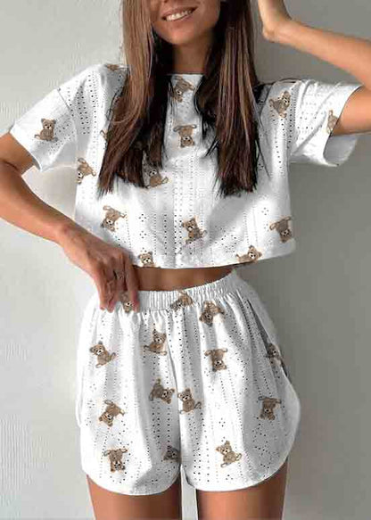 Art Hollow Out Print Cotton Pajamas Two Piece Set Summer