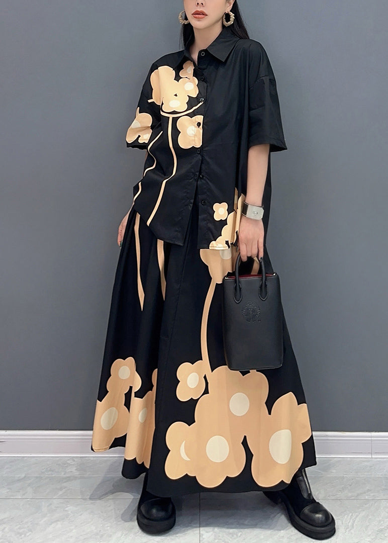 Diy Black Peter Pan Collar Print Cotton Two Pieces Set Summer