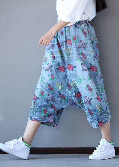 Handmade Denim Blue Elastic Waist Oversized Print Cotton Harem Pants Spring