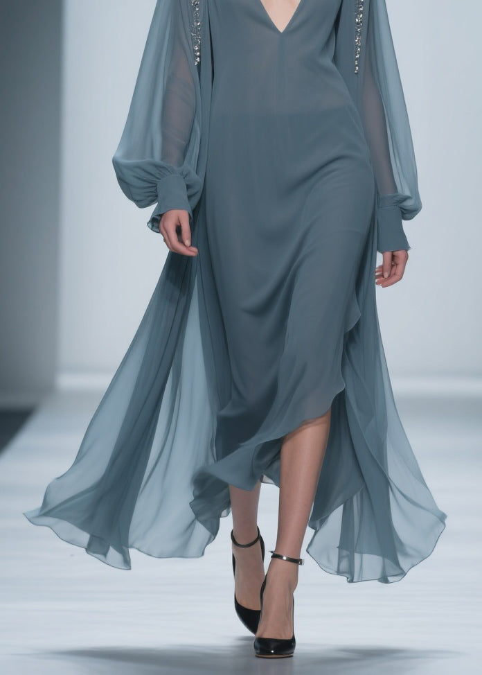 Blue Original Design Chiffon Dress V Neck Lantern Sleeve