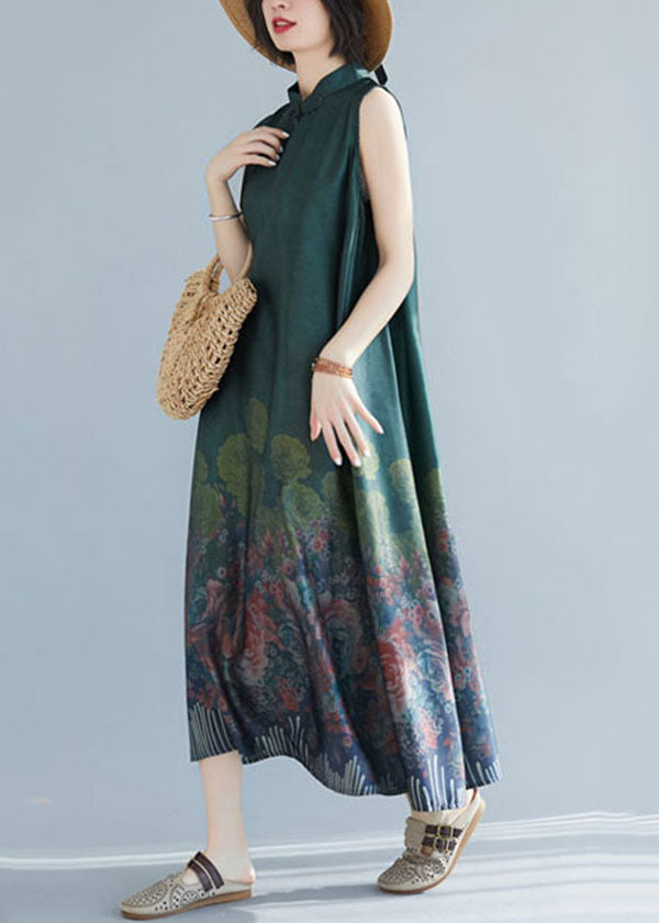 Green Mandarin Collar Print Silk Long Dresses Sleeveless