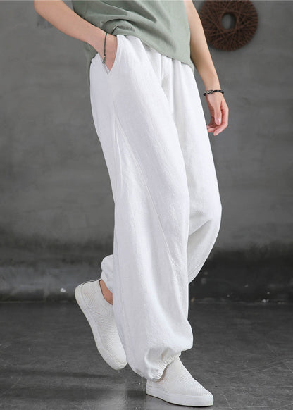 New White Pockets High Waist Cotton Beam Pants
