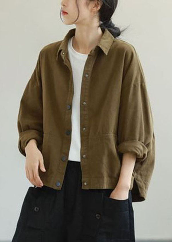 Army Green Ruffled Pockets Color Cotton Jacket Long Sleeve