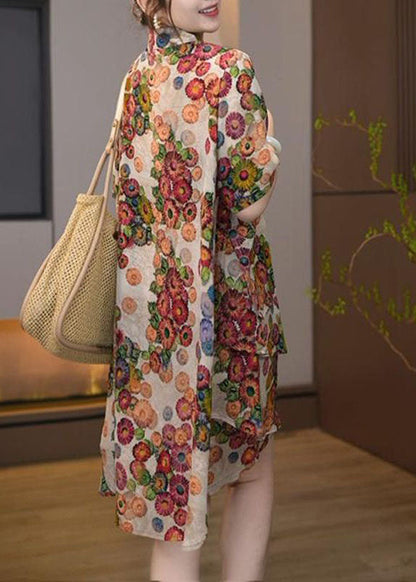 Diy Khaki Oversized Print Chiffon Two Pieces Set Summer