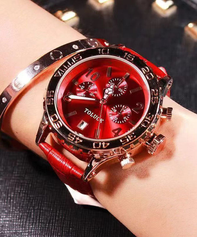 Black Leather Alloy Reinforced Glass Waterproof Watches