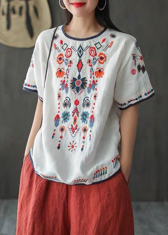 Loose White Embroidered Cotton T Shirt Summer