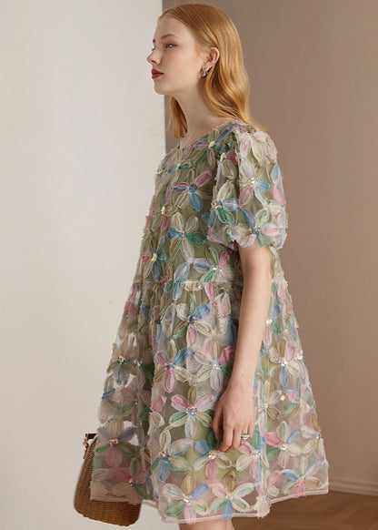 Italian Green O Neck Patchwork Tulle Mid Dresses Puff Sleeve