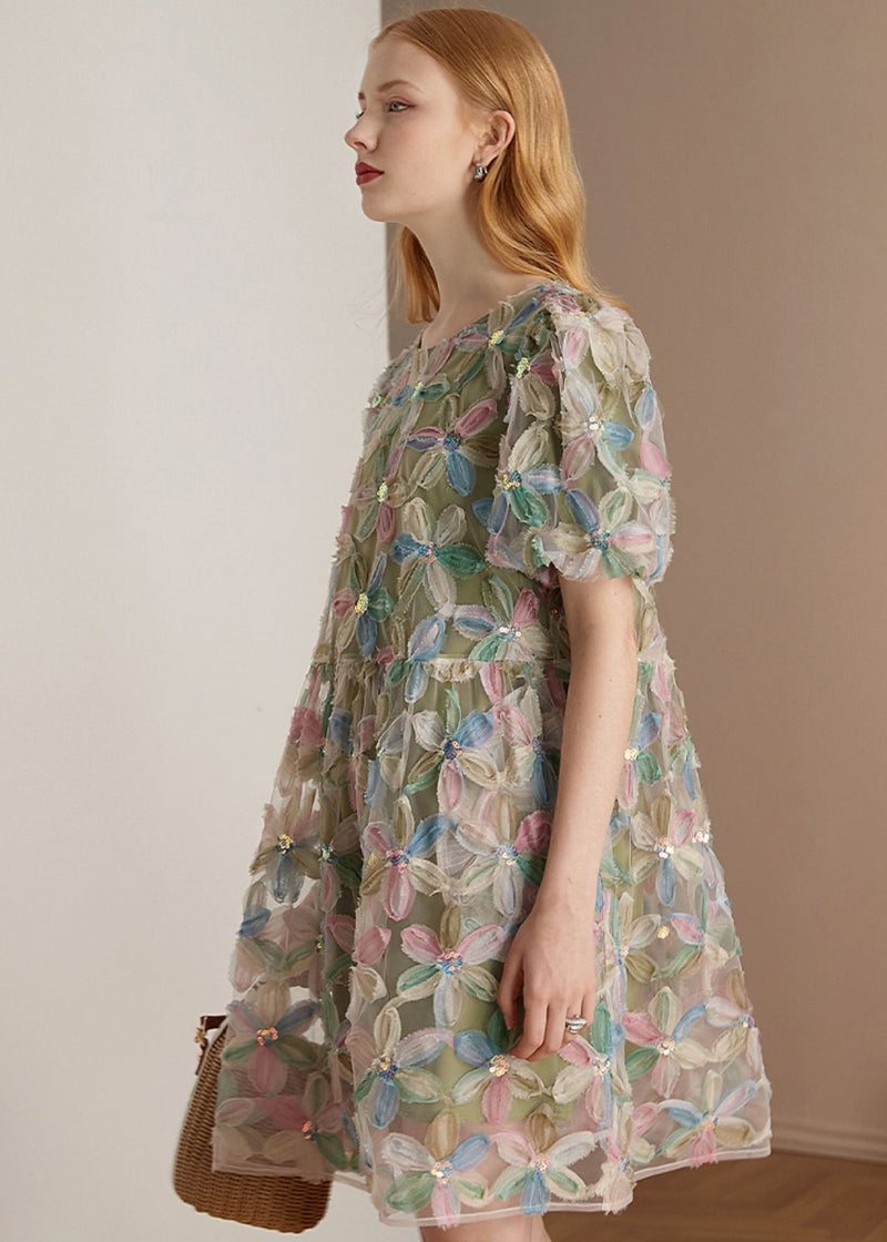 Italian Green O Neck Patchwork Tulle Mid Dresses Puff Sleeve