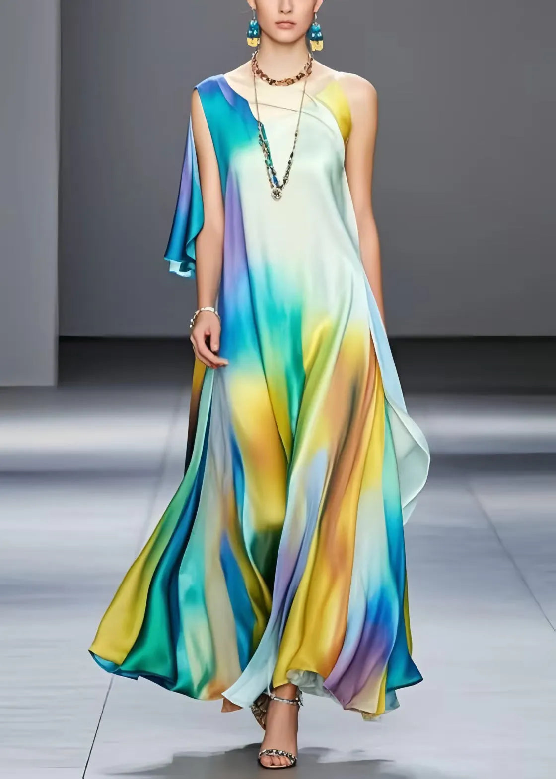 Classy Rainbow Asymmetrical Tie Dye Silk Robe Dresses Summer