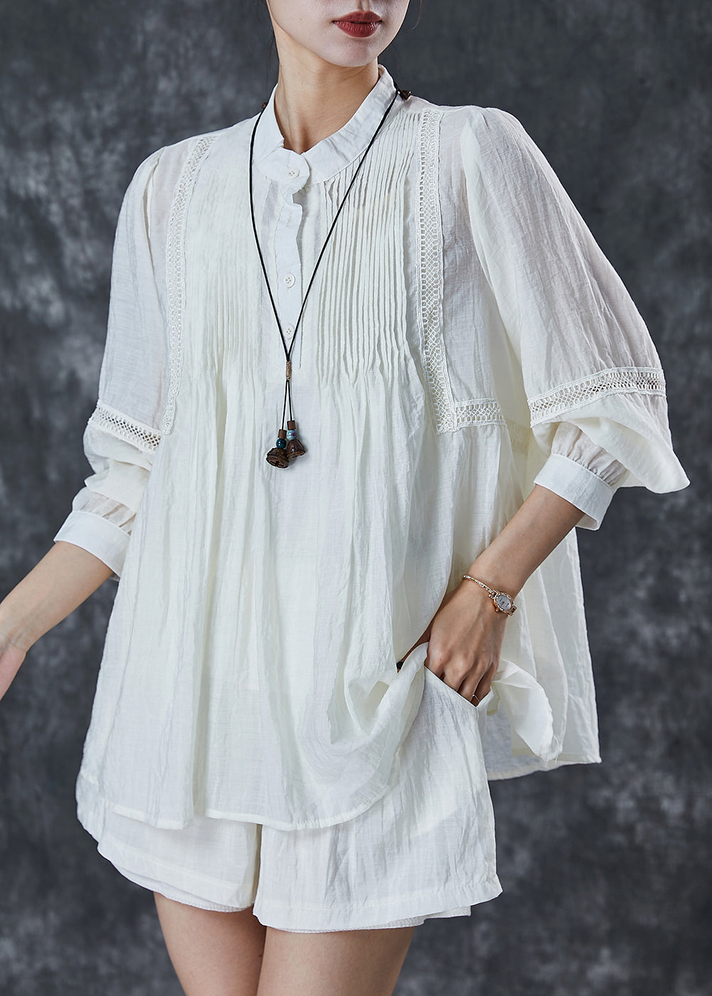 White Lace Patchwork Wrinkled Cotton Two Pieces Set Summer