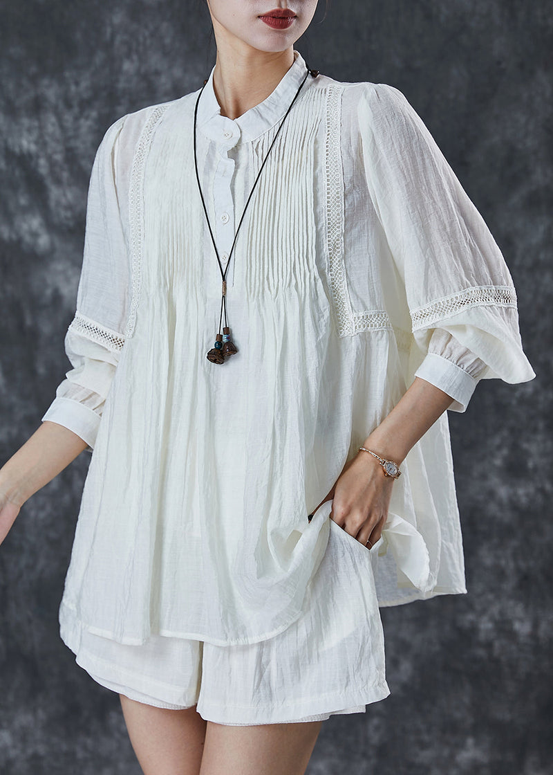 White Lace Patchwork Wrinkled Cotton Two Pieces Set Summer